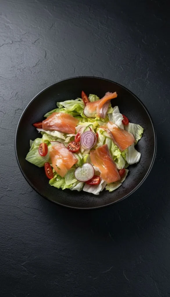 17 Салат с малосольным лососем и кунжутным соусом / Salad with salmon ana sesame sauce