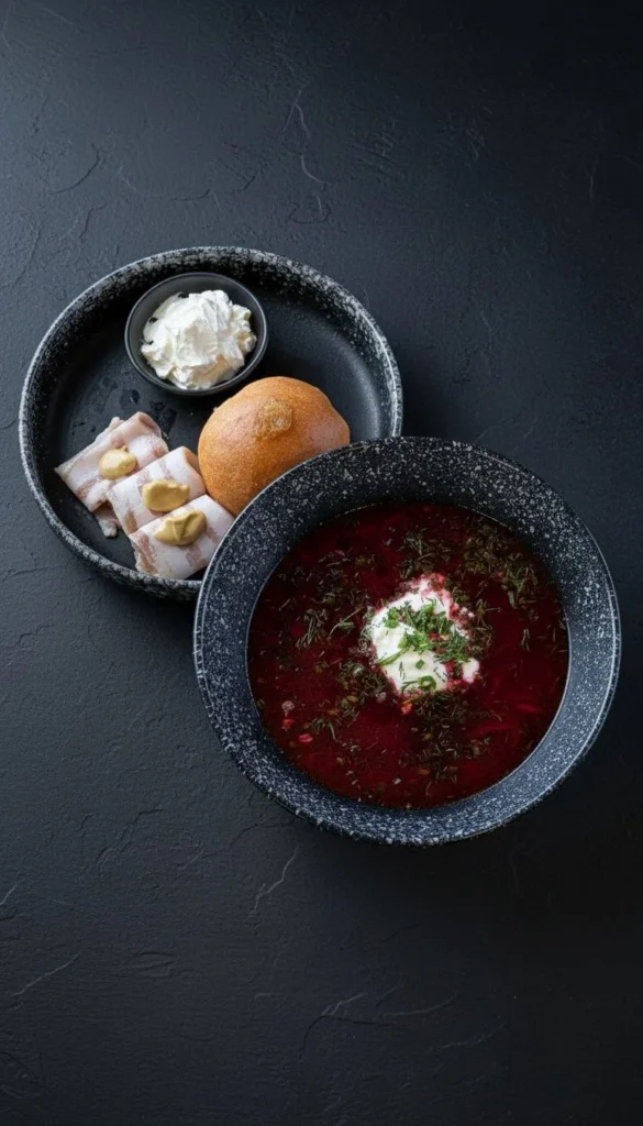 21 Борщ с чесночной пампушкой и салом / Borscht with garlic donuts and lard