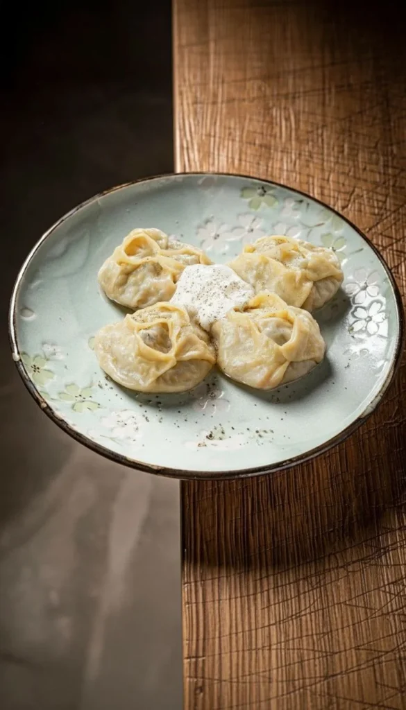 55 Манты (4шт) подаются со сметаной и аджикой / Steamed big dumplings 4ps comes with sour cream and tomato sauce