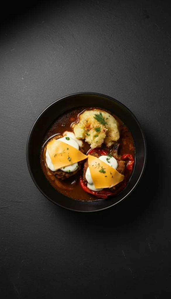 62 Перец фаршированный запечённый под сыром с чесночным соусом, с картофельным пюре / Stuffed pepper with mashed potatoes